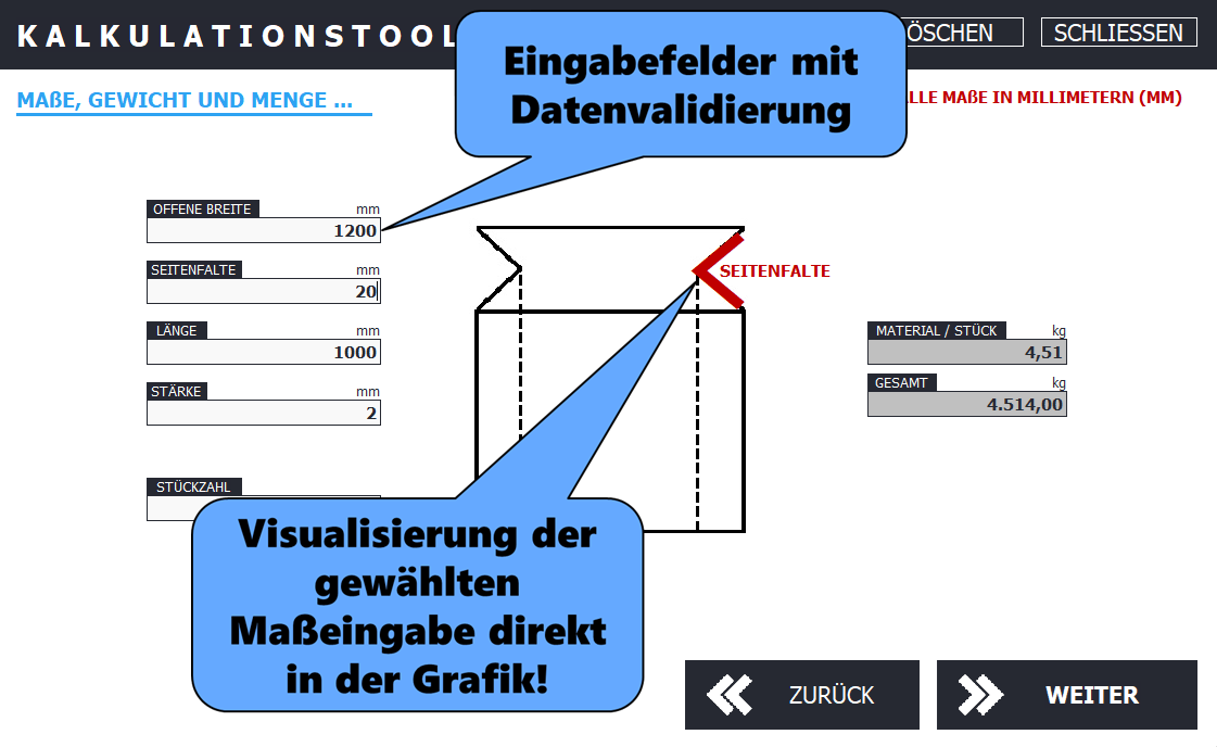 Excel-Kalkulator: Maß-Hervorhebung in der Zeichnung (anonymisiert)